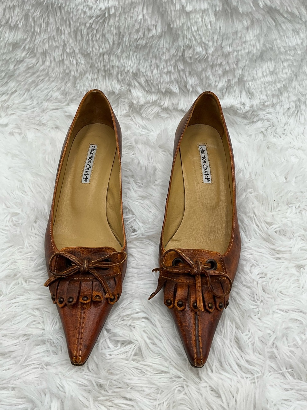 Charles David Pumps Size 8.5 Brown Distressed Leather Pointed Toe Made in Spain - Picture 3 of 6